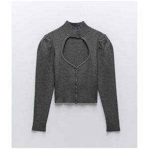 ZARA Cut Out Ribbed Knit Puff Sleeves Crop  Sweater with Buttons Size S